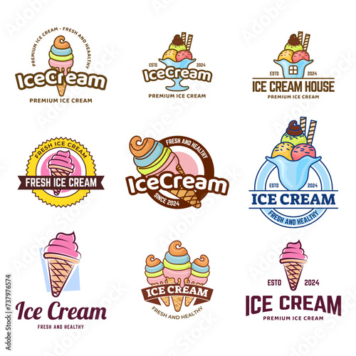 Set of ice cream shop logo badges and labels, gelateria signs. logotypes for cafeteria or bar.