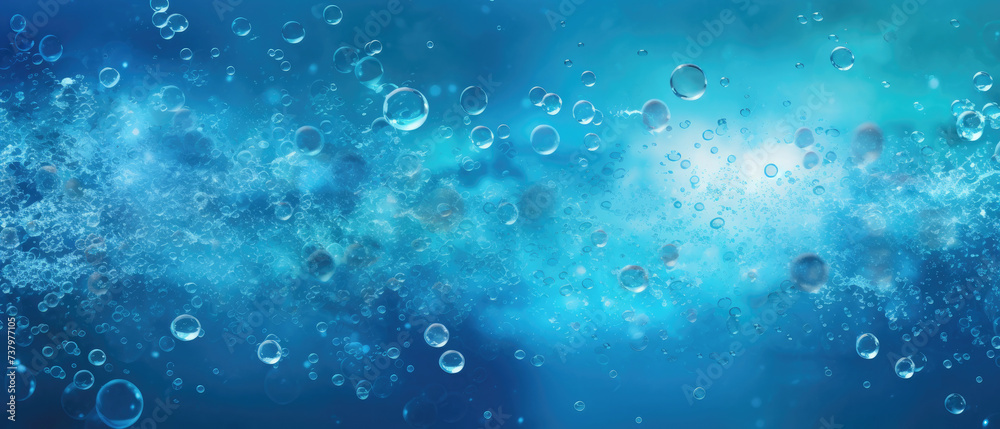 Fresh clear blue liquid sparkling splashes bubbles water with blue white light wide background Fresh clear blue liquid sparkling splashes bubbles water with blue white light wide background