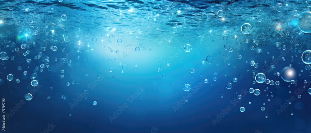 Fresh clear blue liquid sparkling splashes bubbles water with blue white light wide background Fresh clear blue liquid sparkling splashes bubbles water with blue white light wide background