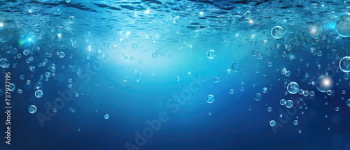 Fresh clear blue liquid sparkling splashes bubbles water  with blue white light background created with Generative AI Technology