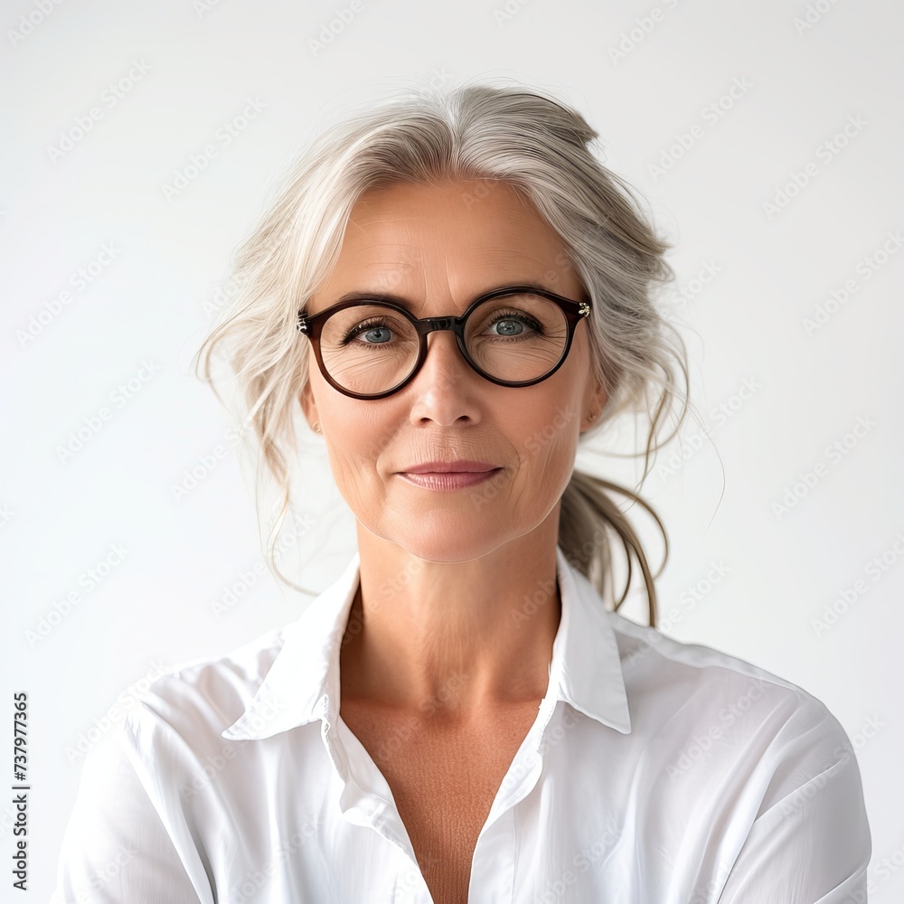 Elegant Mature Businesswoman with Glasses Wearing White Shirt on a Clean White Background