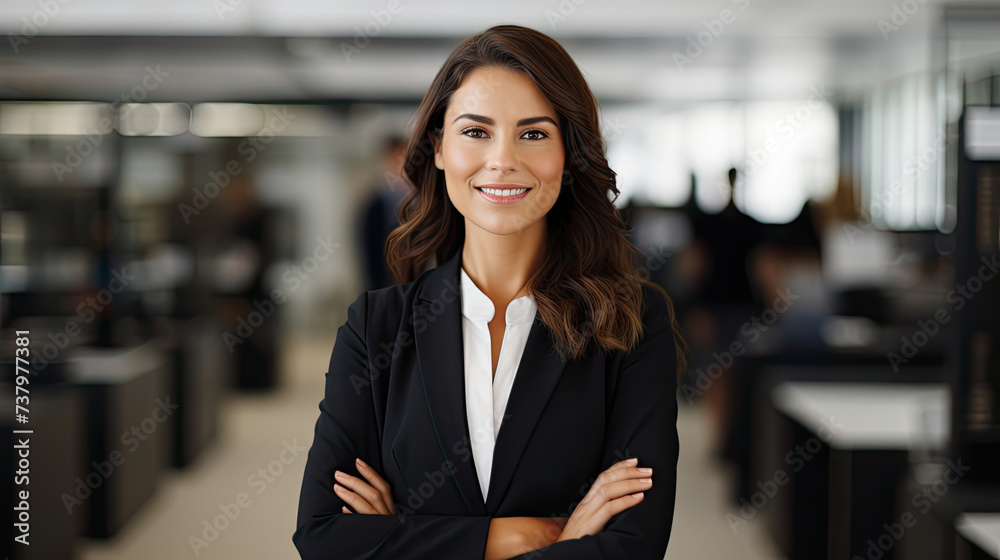 Executive Business career beauty woman smiling and standing confidently wearing formal office work clothes in spacious corporate office space Executive Business career beauty woman smiling and standing confidently wearing formal office work clothes in spacious corporate office space