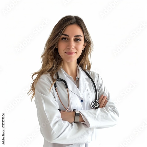 Professional Young Female Doctor with Stethoscope Standing Confidently with Crossed Arms on Isolated White Background