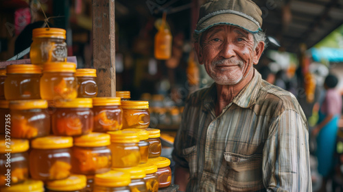An elderly man selling honey.