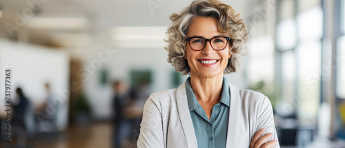 Executive Business career beauty woman smiling and standing confidently wearing formal office work clothes in spacious corporate office space created with Generative AI Technology photo