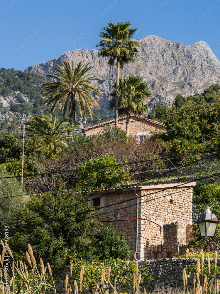 Fornalutx village, in the Soller Valley, Natural area of the Serra de Tramuntana., Majorca, Balearic Islands, Spain