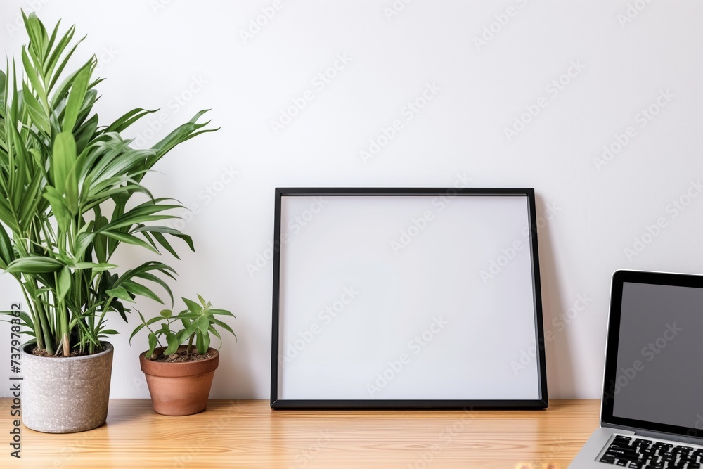 frame on wooden desk, laptop open, potted plant aside, white wall background frame on wooden desk, laptop open, potted plant aside, white wall background