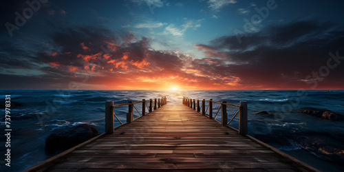 A dock with a sunset on the water, A bridge in the ocean with a sunset in the background. 

