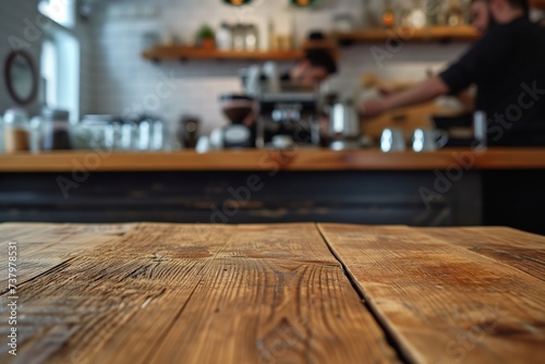 wooden table foreground, blurred barista making coffee behind