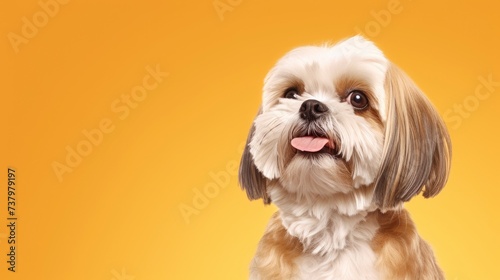 Shih Tzu dog on a one color background, copy space, realistic - generative ai