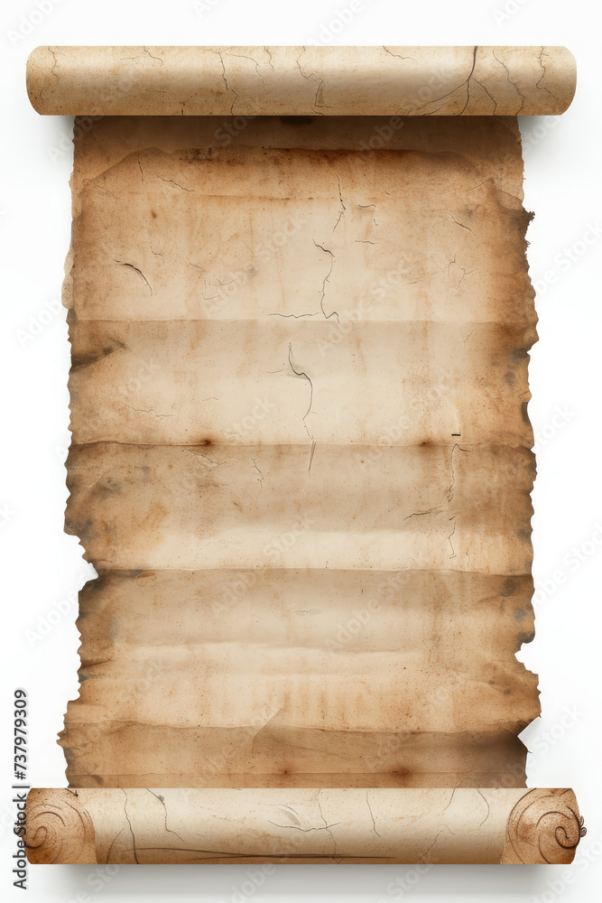 A blank old vintage worn scroll or map isolated on a white background
