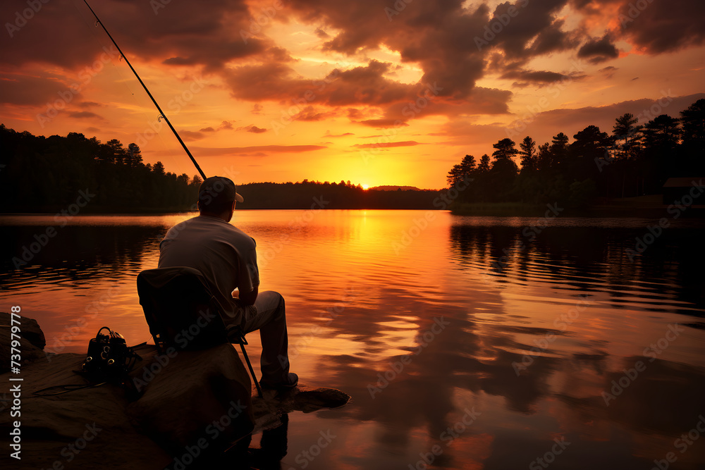 The Quiet Pleasure of Fishing: A Lone Fisherman Enjoying a Serene Sunset on a Calm Lake