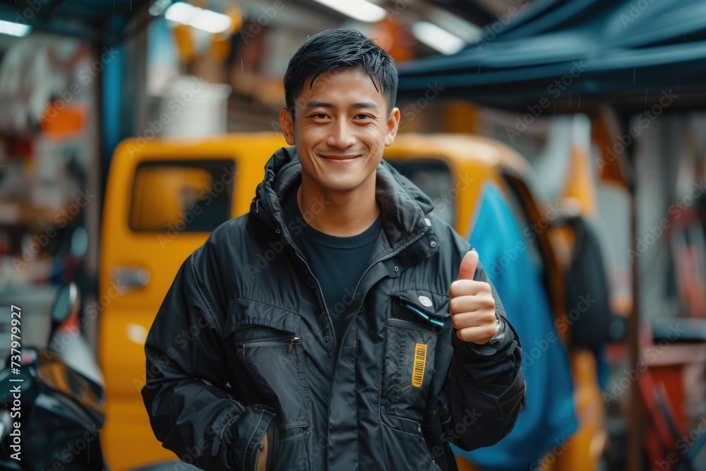 Asian male mechanic giving thumbs up smiling looking at camera with happy expression and satisfied with car repair service giving thumbs up Asian male mechanic giving thumbs up smiling looking at camera with happy expression and satisfied with car repair service giving thumbs up