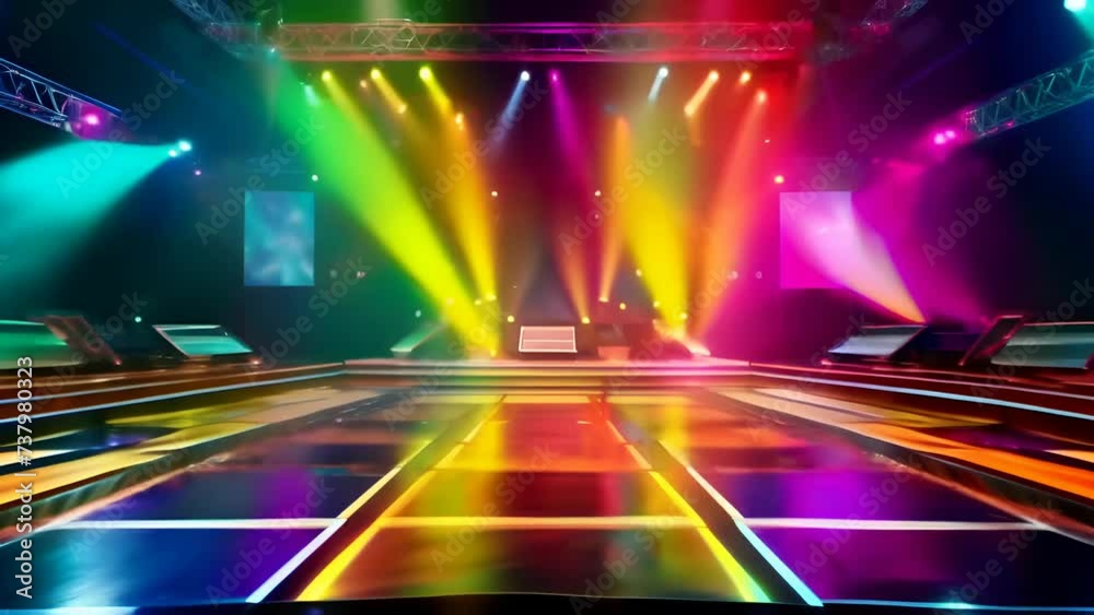 Modern futuristic concert stage with dynamic neon rainbow illumination. Night Club. Concept of virtual reality events, futuristic concerts, and high tech stage design