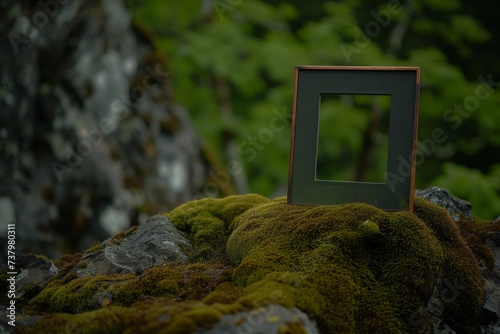 empty frame balanced on a mosscovered rock photo