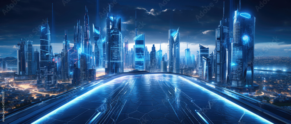 Blue futuristic empty lights stage on the background of cityscape ...