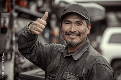 A male mechanic giving thumbs up smiling looking at camera with happy expression and satisfied with car repair service giving thumbs up