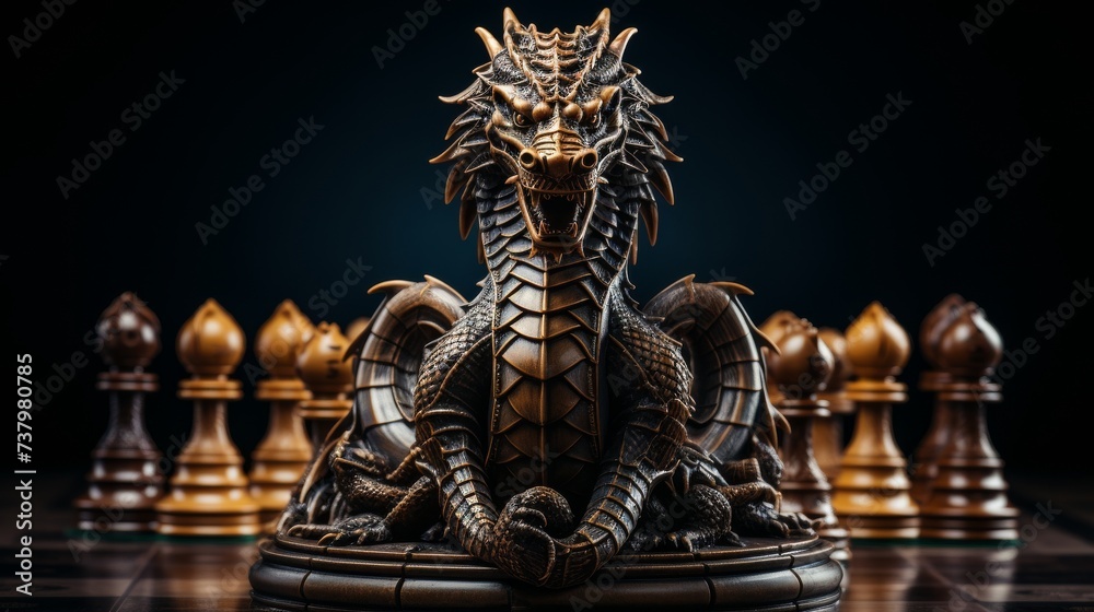 Chess Board With Statue of Dragon