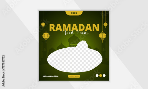 Special ramadan delicious iftar menu sale social media post or banner design template with moon, mosque, lantern and ornamental background.