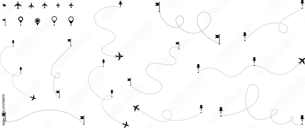 Airplane routes set. Aircraft planes tracking, travel, location pins, map pins. Route icon - two points with dotted path and location pin. Route location icon two pin sign and dotted line.