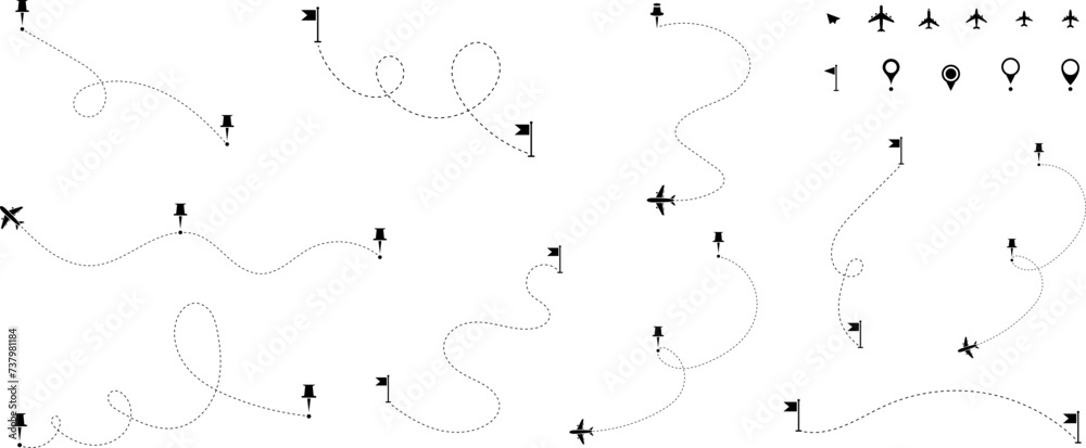 Airplane routes set. Aircraft planes tracking, travel, location pins, map pins. Route icon - two points with dotted path and location pin. Route location icon two pin sign and dotted line. Airplane routes set. Aircraft planes tracking, travel, location pins, map pins. Route icon - two points with dotted path and location pin. Route location icon two pin sign and dotted line.