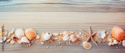 Summer decoration banner with starfish, sea shells and sand on rustic wooden ground with empty space for text created with Generative AI Technology