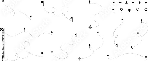 Airplane routes set. Aircraft planes tracking, travel, location pins, map pins. Route icon - two points with dotted path and location pin. Route location icon two pin sign and dotted line.