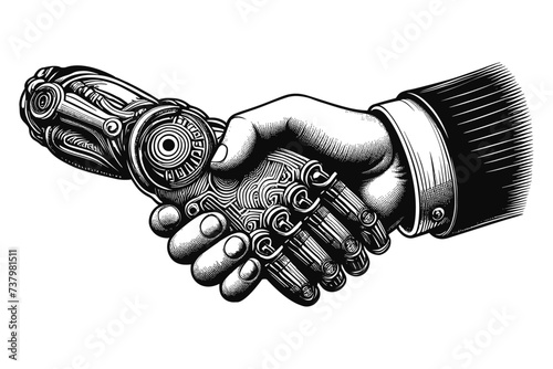 Human and robot handshake, vector illustration.