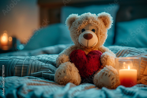 Teddy bear on a bed with a love heart, evening lighting 