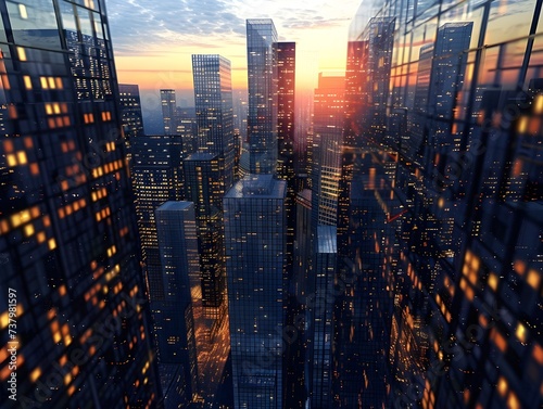 Urban Skyscrapers at Sunset with Bright Lights