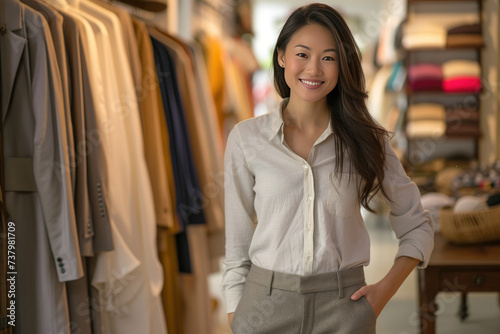 Beautiful Asian female fashion designer with a warm smile in a trendy clothing store