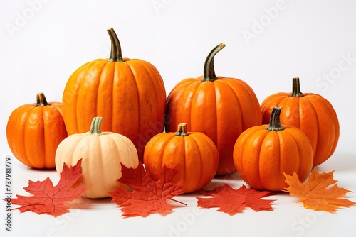 Pumpkins are yellow with autumn leaves on a white background