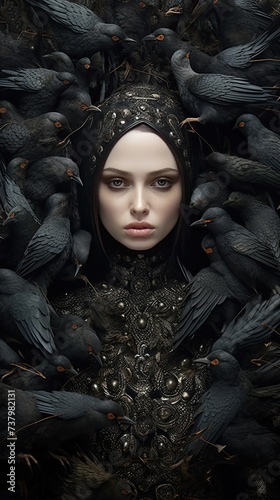 woman dressed in black with birds