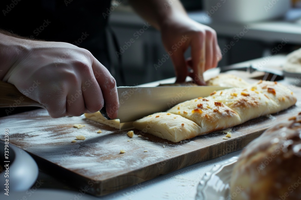 hands cutting through dough with a sharp knife on a cutting board