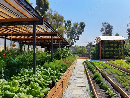 Lush Outdoor Vegetable Garden and Hydroponic Greenhouse