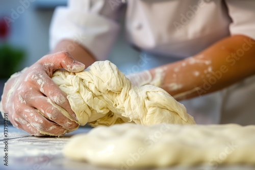 person wearing a chefs hat checking dough texture for elasticity