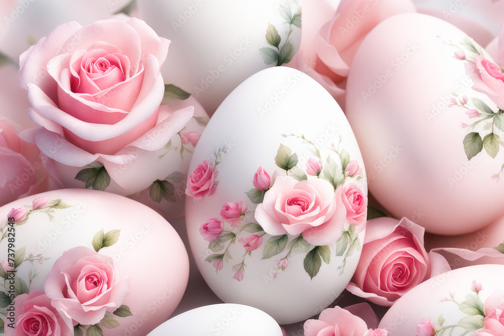 Composition of painted Easter eggs and pink roses . Gentle, spring Easter background. Composition of painted Easter eggs and pink roses . Gentle, spring Easter background.