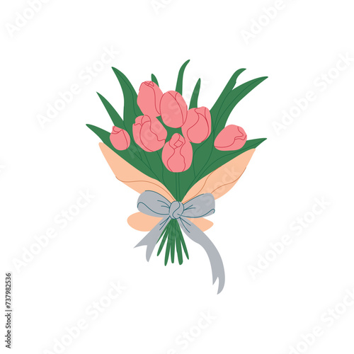 A bouquet of vibrant tulips elegantly ensconced in a delicate wrapper, adorned with a graceful bow. Symbolizing both Mother's Day and International Women's Day, this image embodies the warmth, beauty