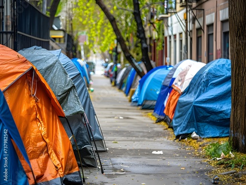 Urban Tent Encampments Lining City Sidewalk photo