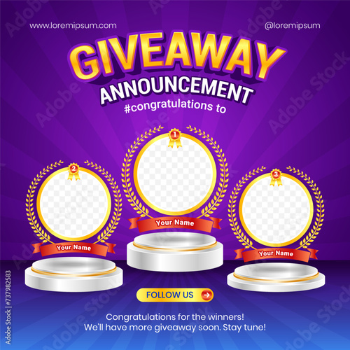 Giveaway winner announcement social media post banner template with 3d element