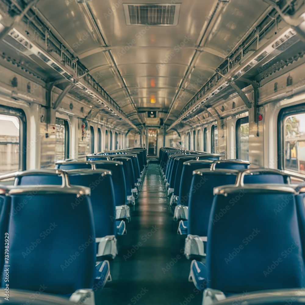 seating in an empty train car, selective focus, Train departing from station, travel during covid, author's treatment