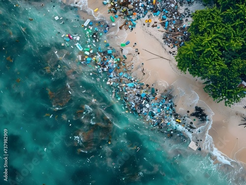 Aerial View of Polluted Beach Plastic Waste Problem