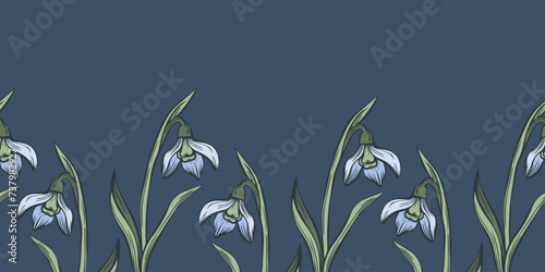 Botanical snowdrop flower seamless pattern. Hand drawn line art with winter leaves and flowers for wedding invitation and cards  textile products  wrapping paper  wallpaper and posters template.