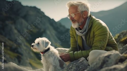 Mature gray haired man spending time outdoors with his small cute Jack Russell Terrier in mountain nature.