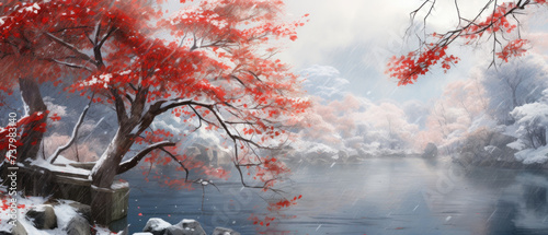 Misty winter lake with red leaf trees, windy rain, white forest and snow created with Generative AI Technology