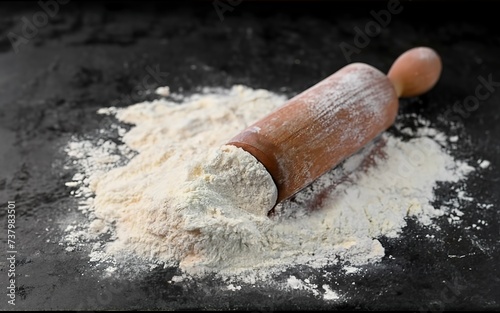 The white flour with a rolling pin on black metal background