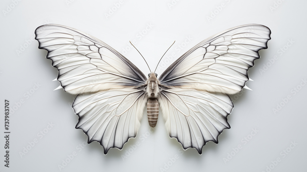Beautiful grey and white butterfly with wings spread and in flight isolated on white background, closeup macro. Beautiful grey and white butterfly with wings spread and in flight isolated on white background, closeup macro.