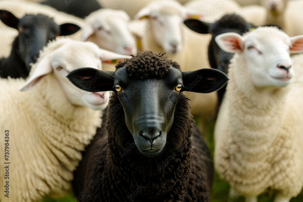 Obraz premium black sheep in the middle of white sheep circle