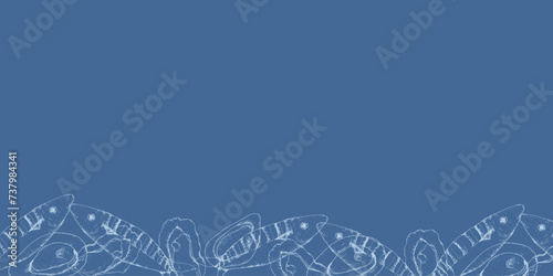 Seafood vector frame on blue. Sea fish banner with mackerel  for packing, restaurant , table design.Food illustration