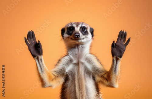 Meerkat showing two palms to camera, making stop hand gesture, on orange studio background.